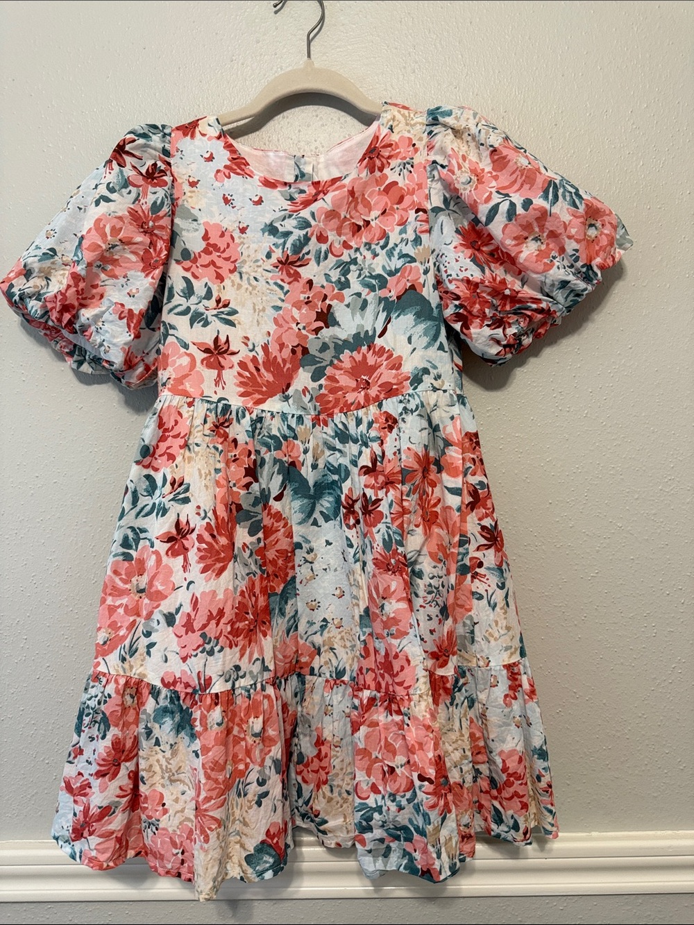 Janie and Jack Coral and Teal Floral Puff-Sleeve Tiered Dress